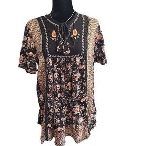 ETC Tunic Bohemian Hippie Flowy‎ Floral Black And Pink Sz L